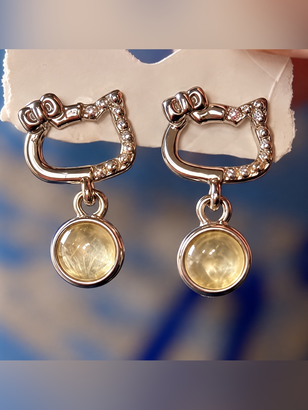Hello Kitty Dangle Earrings with Citrine • Silver Plated